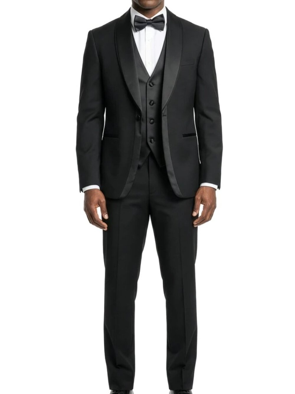 Solid Black Wide Satin Shawl Lapel 3 Piece Men's Skinny Fit Suit